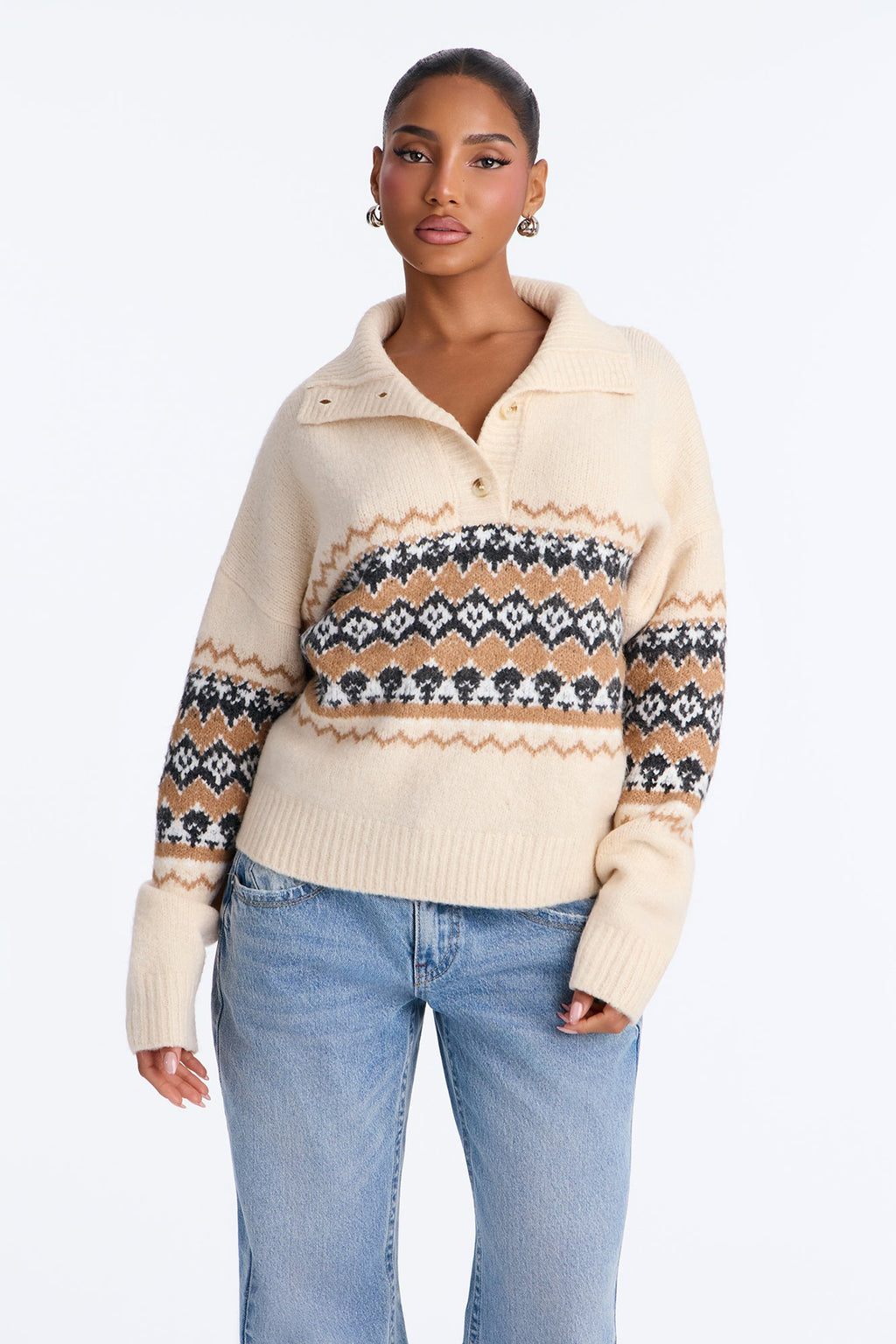 Lakeside Cabin Fair Isle Polo Sweater - Cream/combo