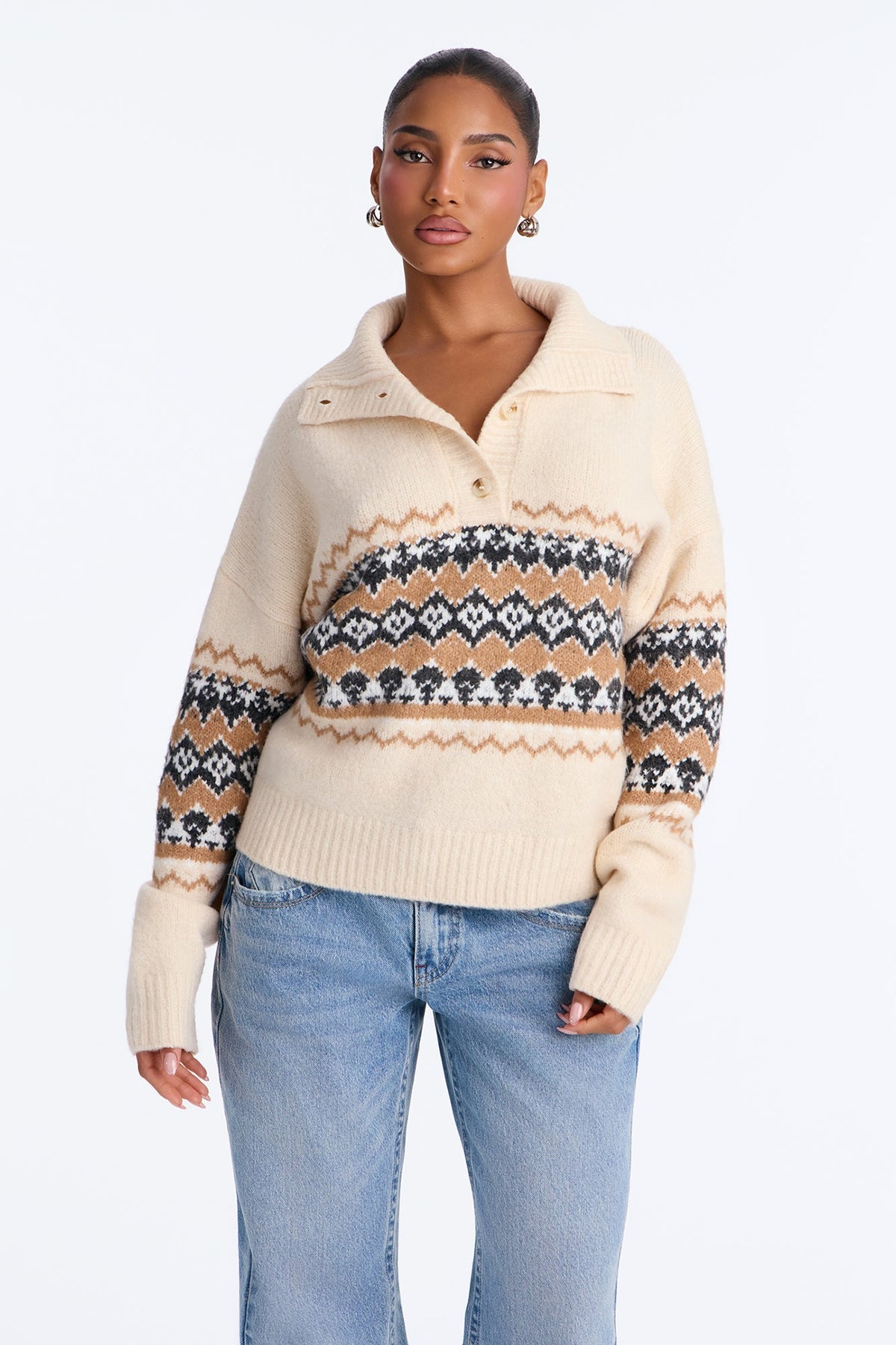 Lakeside Cabin Fair Isle Polo Sweater - Cream/combo