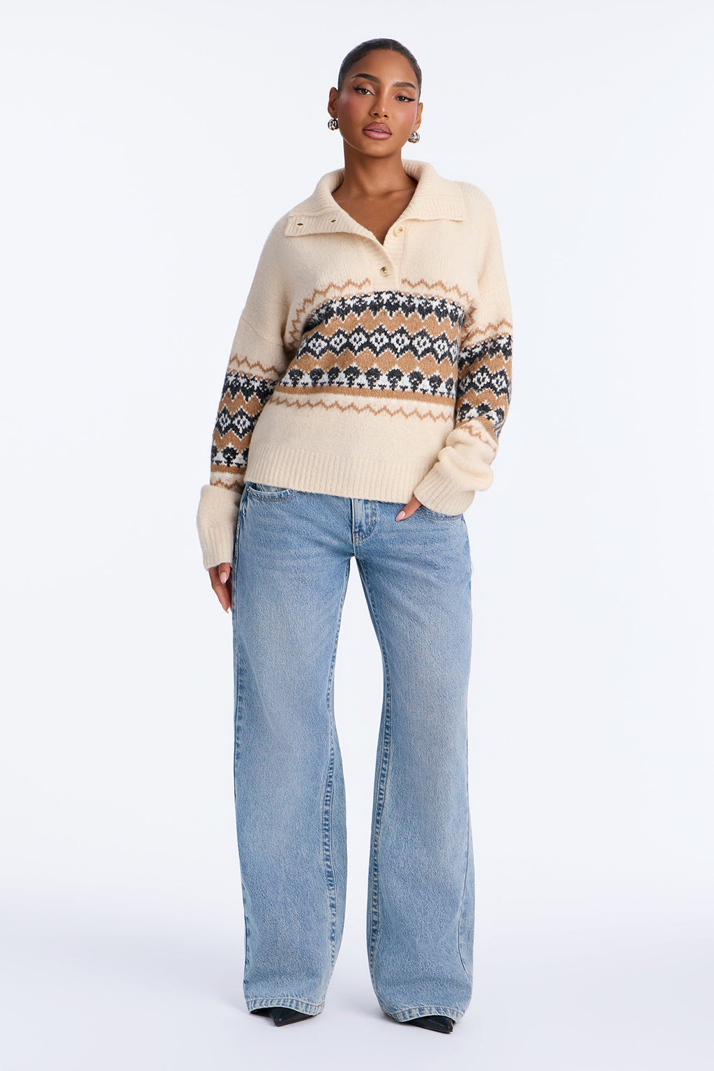 Lakeside Cabin Fair Isle Polo Sweater - Cream/combo