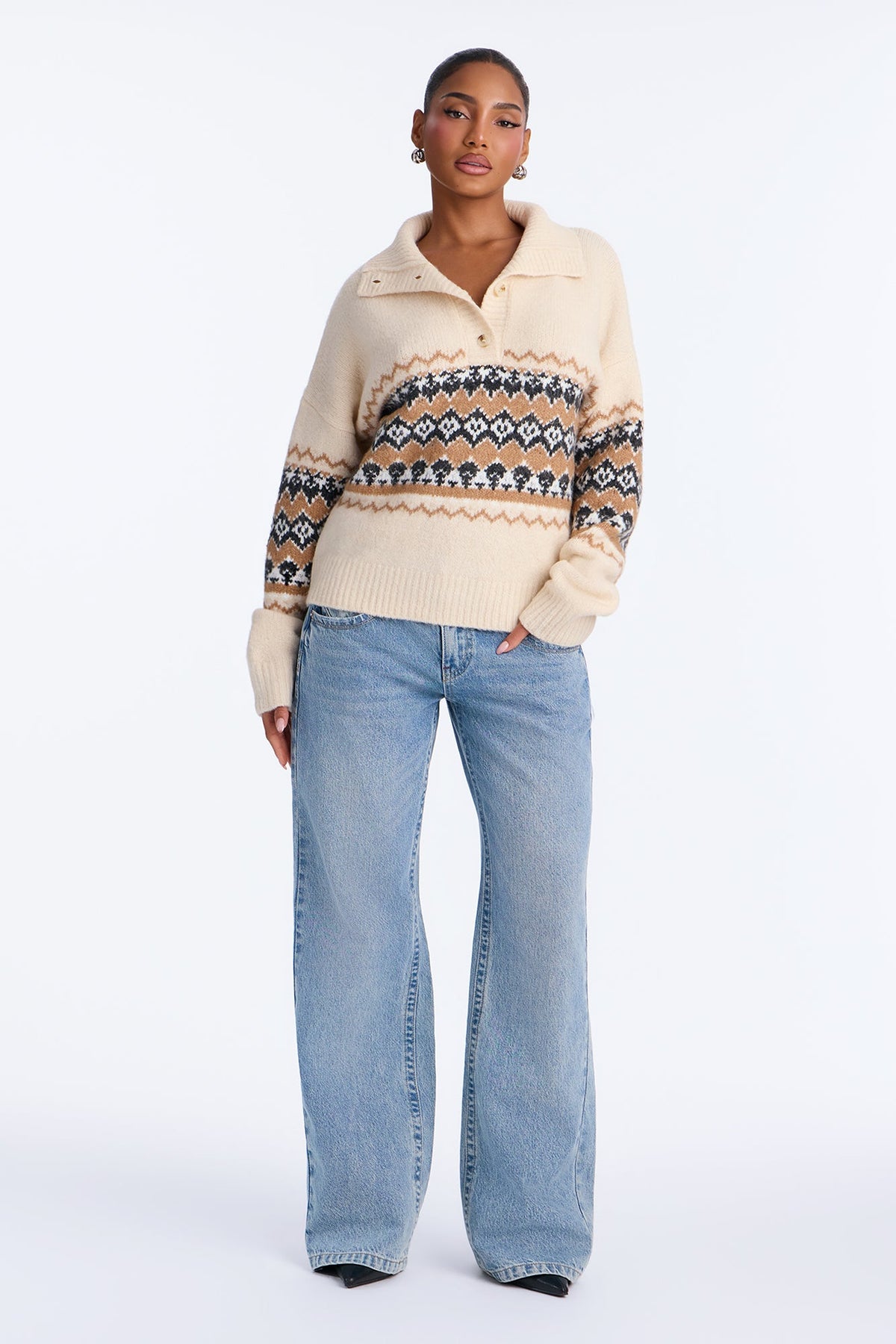 Lakeside Cabin Fair Isle Polo Sweater - Cream/combo