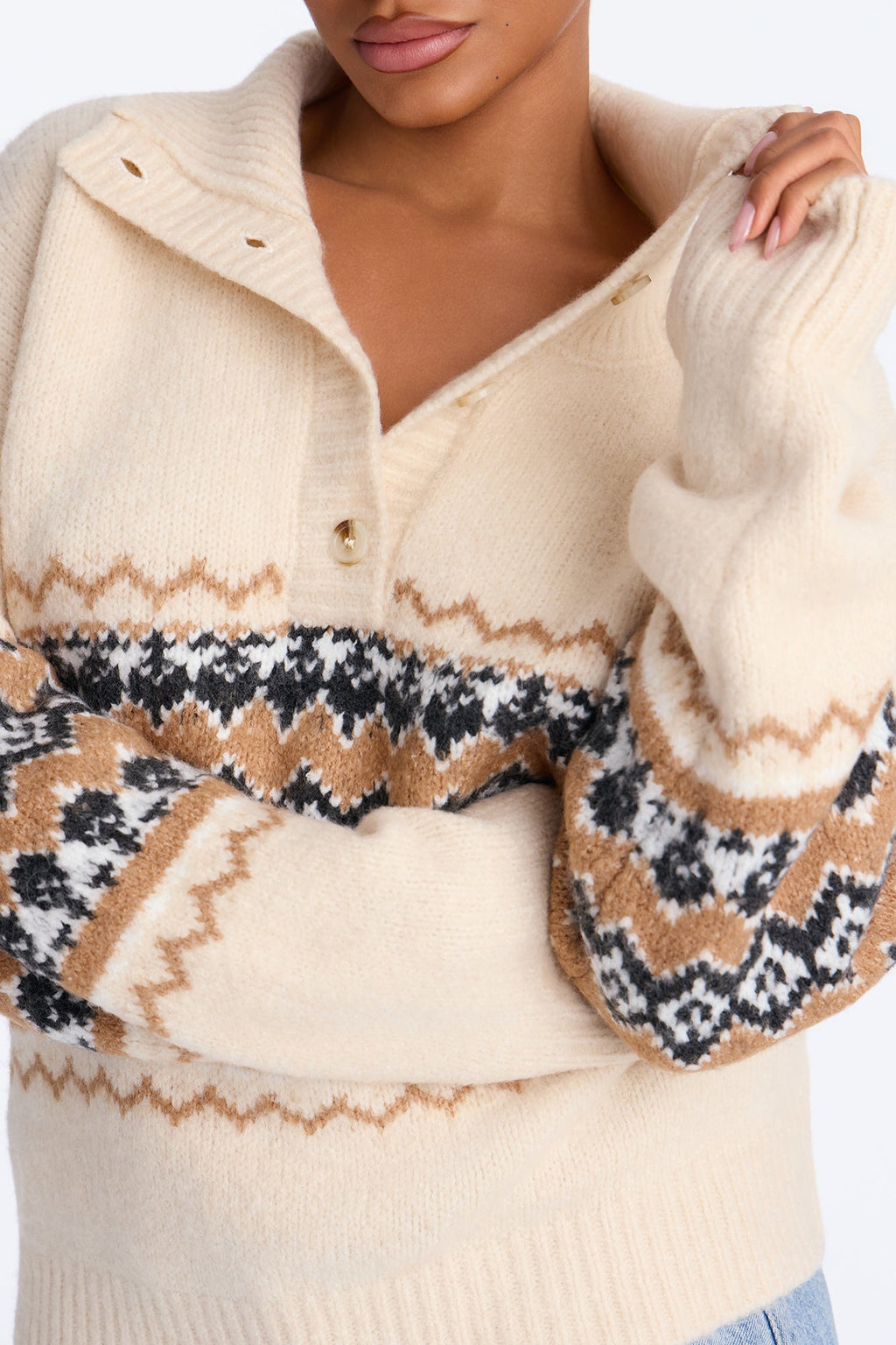 Lakeside Cabin Fair Isle Polo Sweater - Cream/combo