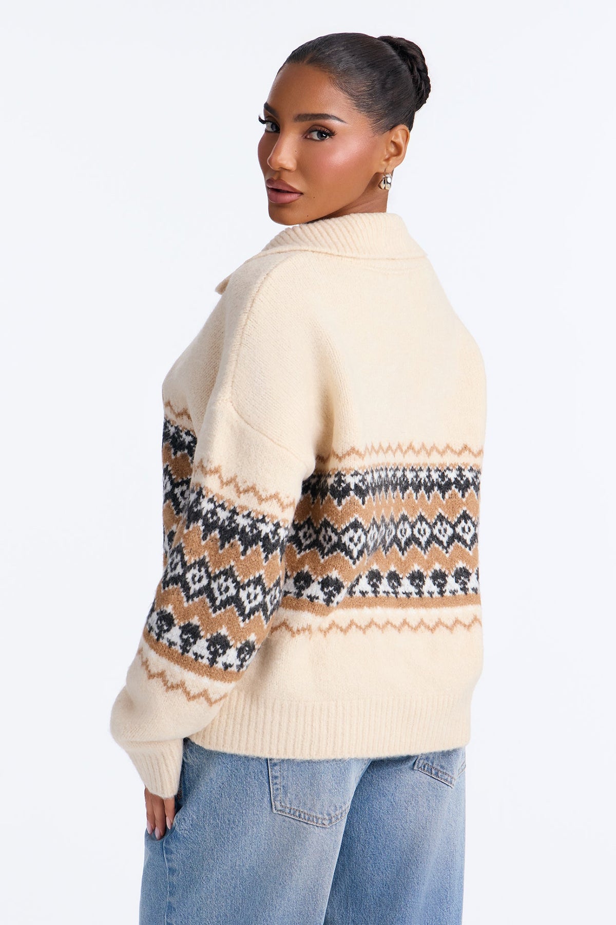 Lakeside Cabin Fair Isle Polo Sweater - Cream/combo