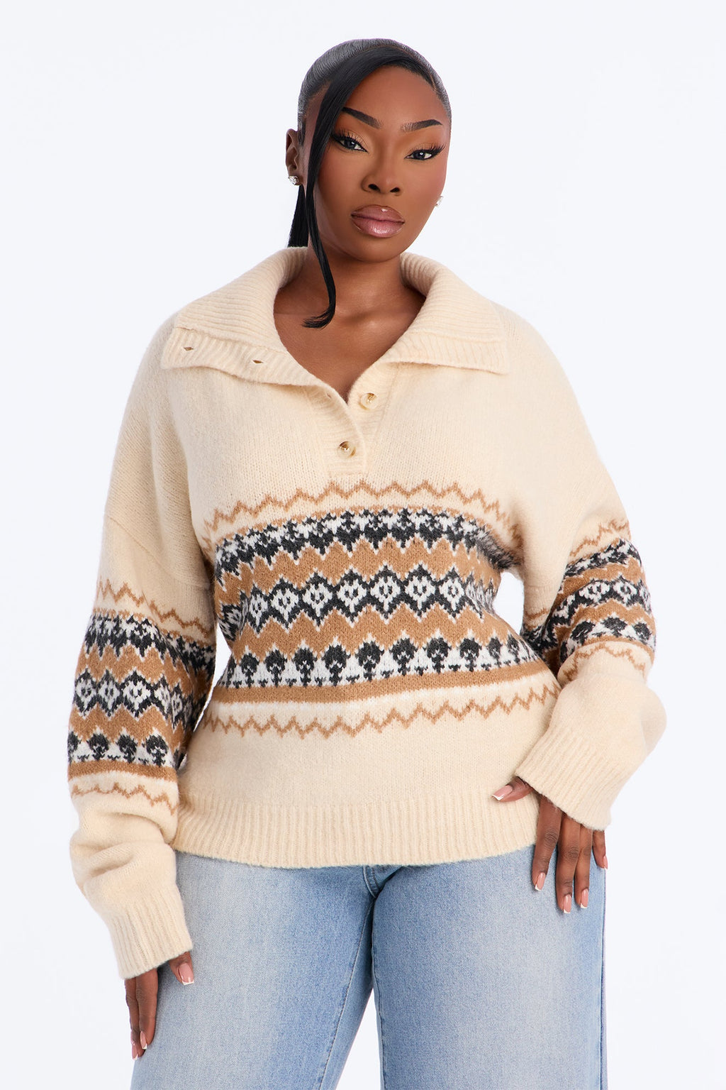 Lakeside Cabin Fair Isle Polo Sweater - Cream/combo