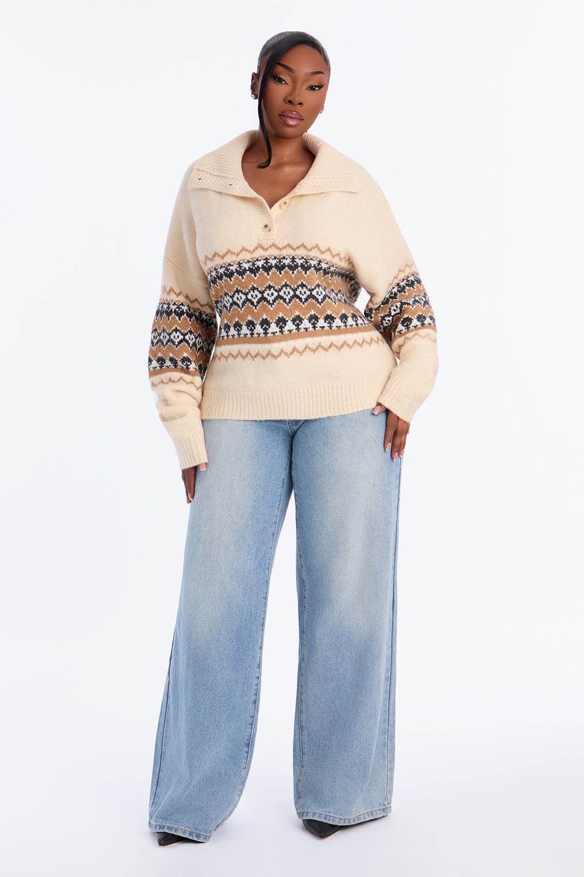 Lakeside Cabin Fair Isle Polo Sweater - Cream/combo
