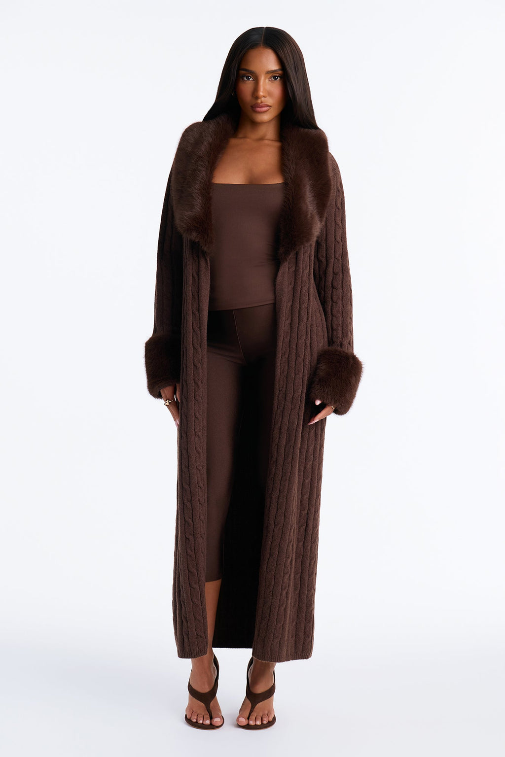 Celeste Fur Trim Maxi Cardigan - Chocolate