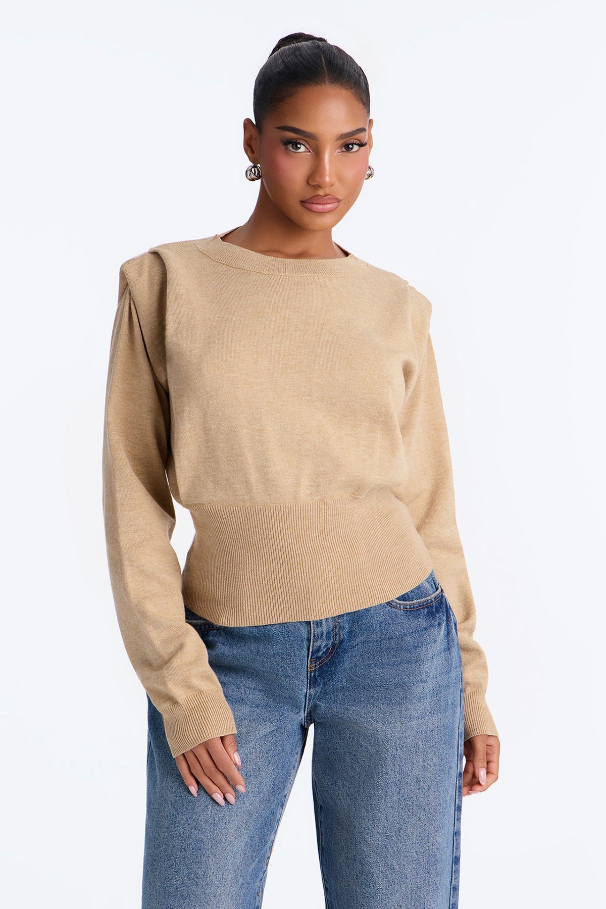 Show It Square Shoulder Pullover Sweater - Oatmeal