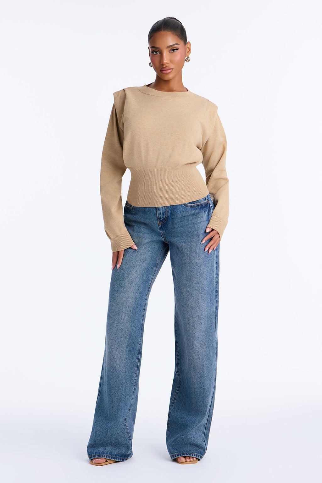 Show It Square Shoulder Pullover Sweater - Oatmeal