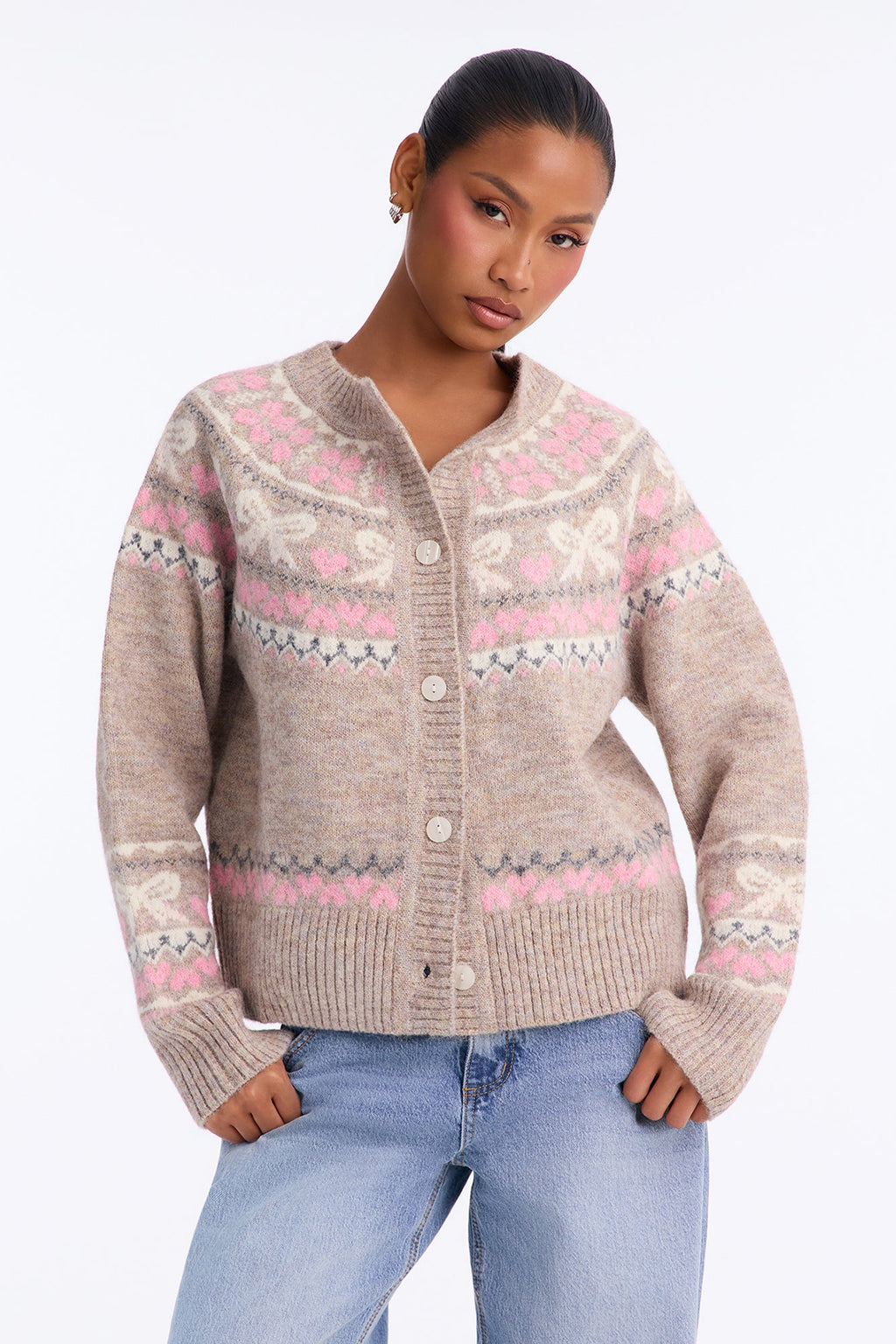 Sweet Warmth Fair Isle Cardigan - Pink/combo