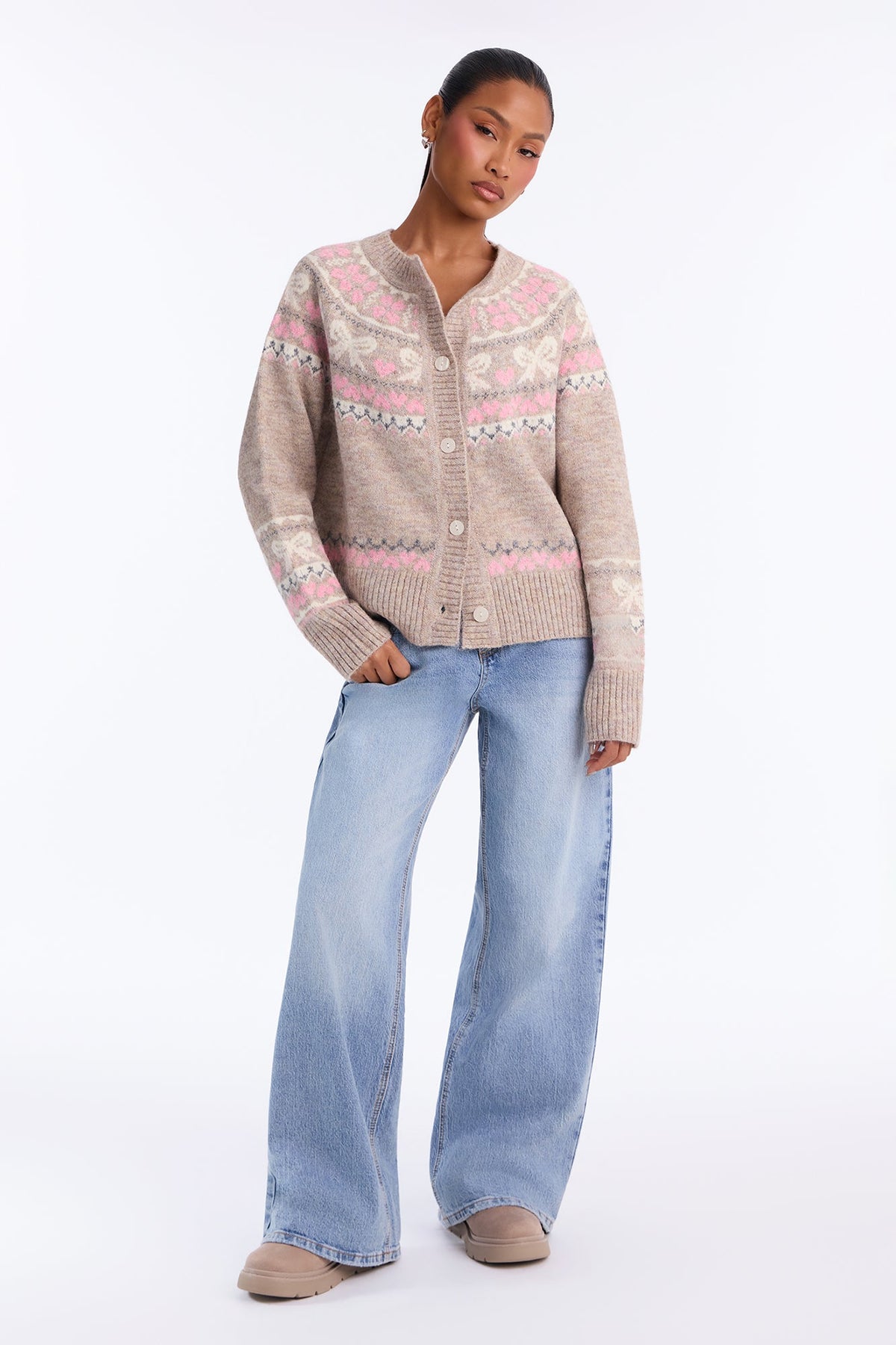 Sweet Warmth Fair Isle Cardigan - Pink/combo