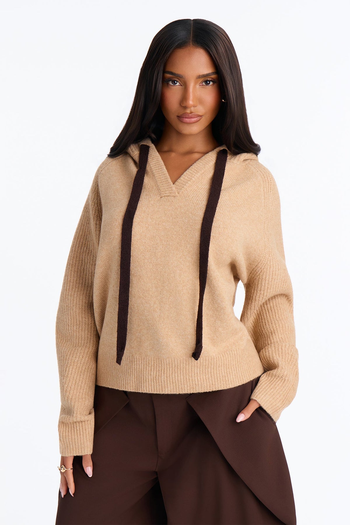 Dani Hooded Long Sleeve Pullover Sweater - Camel/combo
