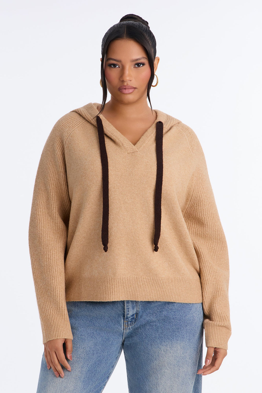 Dani Hooded Long Sleeve Pullover Sweater - Camel/combo