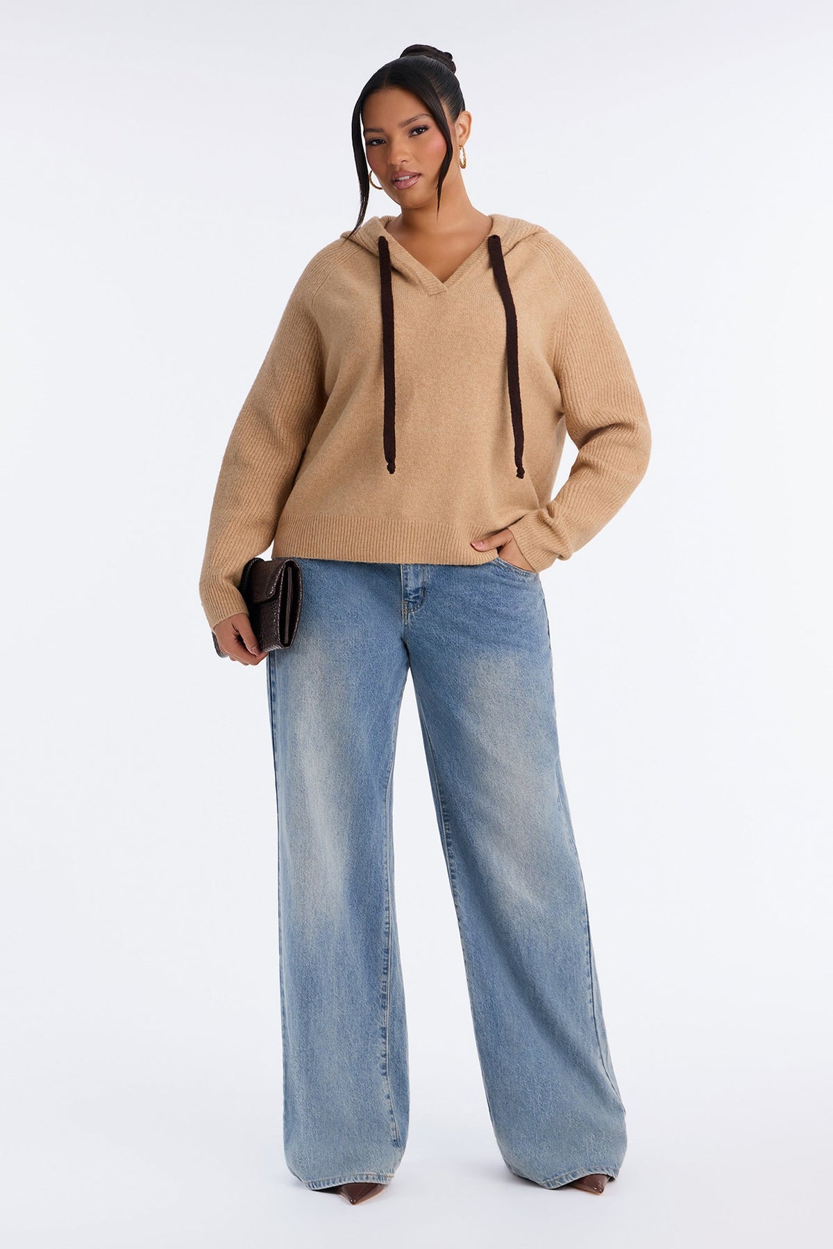 Dani Hooded Long Sleeve Pullover Sweater - Camel/combo