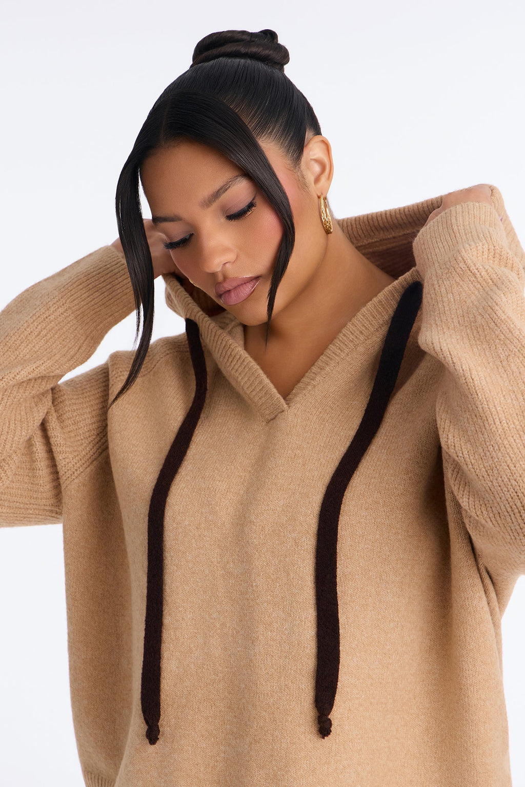 Dani Hooded Long Sleeve Pullover Sweater - Camel/combo