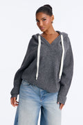 Dani Hooded Long Sleeve Pullover Sweater - Charcoal/combo