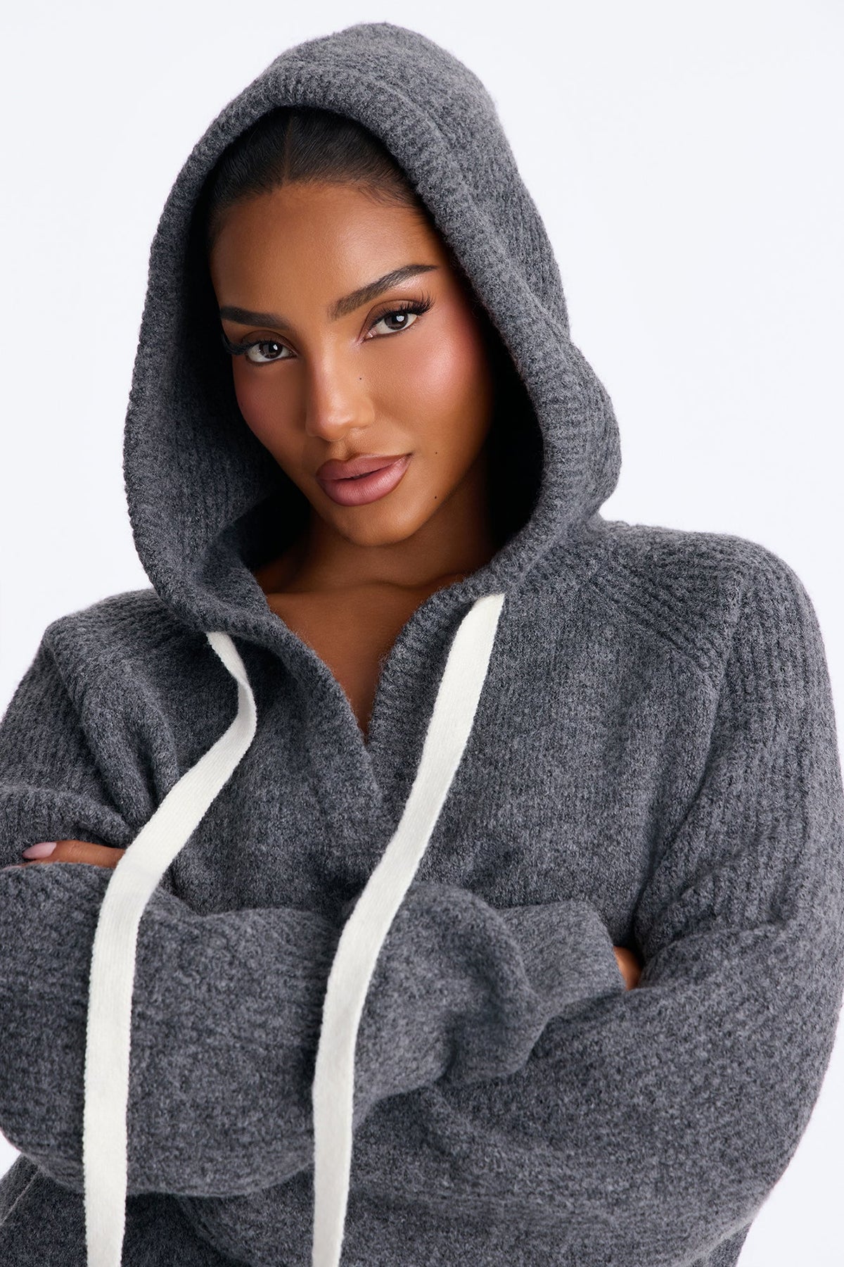Dani Hooded Long Sleeve Pullover Sweater - Charcoal/combo