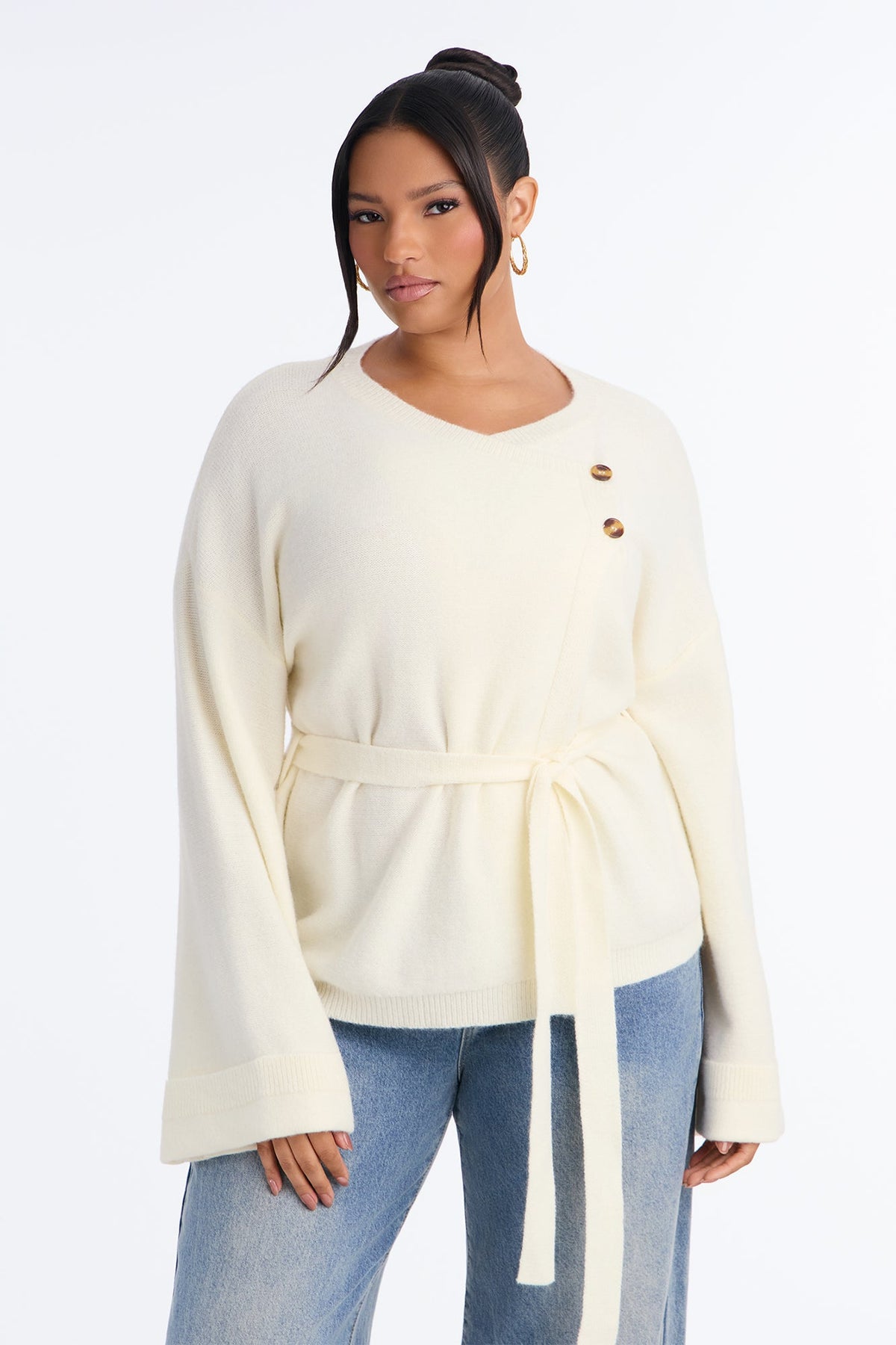 Cold But Chic Long Sleeve Belted Cardigan - Cream