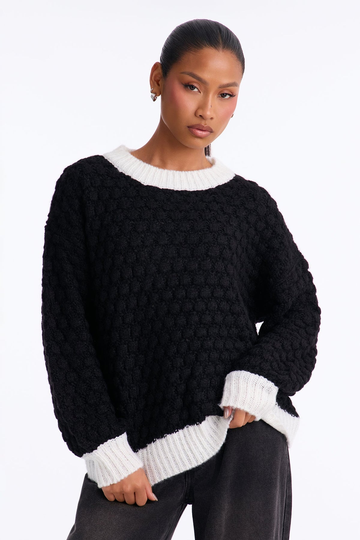 Chilly Evenings Chunky Knit Pullover Sweater - Black/combo