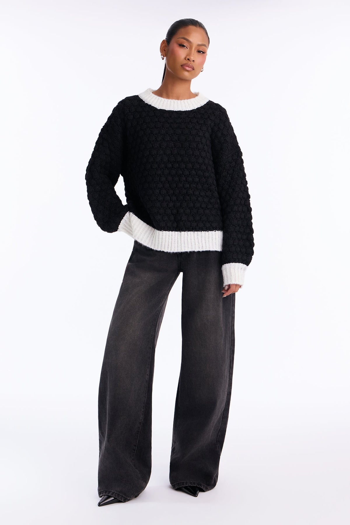 Chilly Evenings Chunky Knit Pullover Sweater - Black/combo