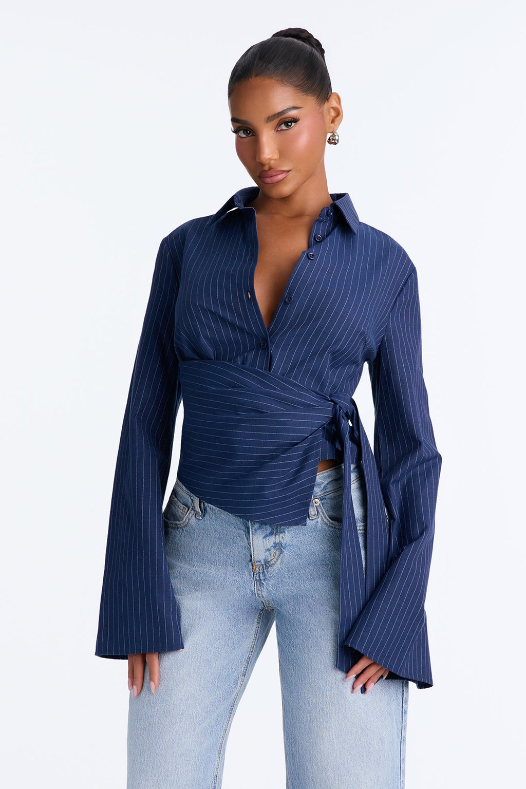Bianca Tie Waist Pinstripe Shirt - Navy/combo