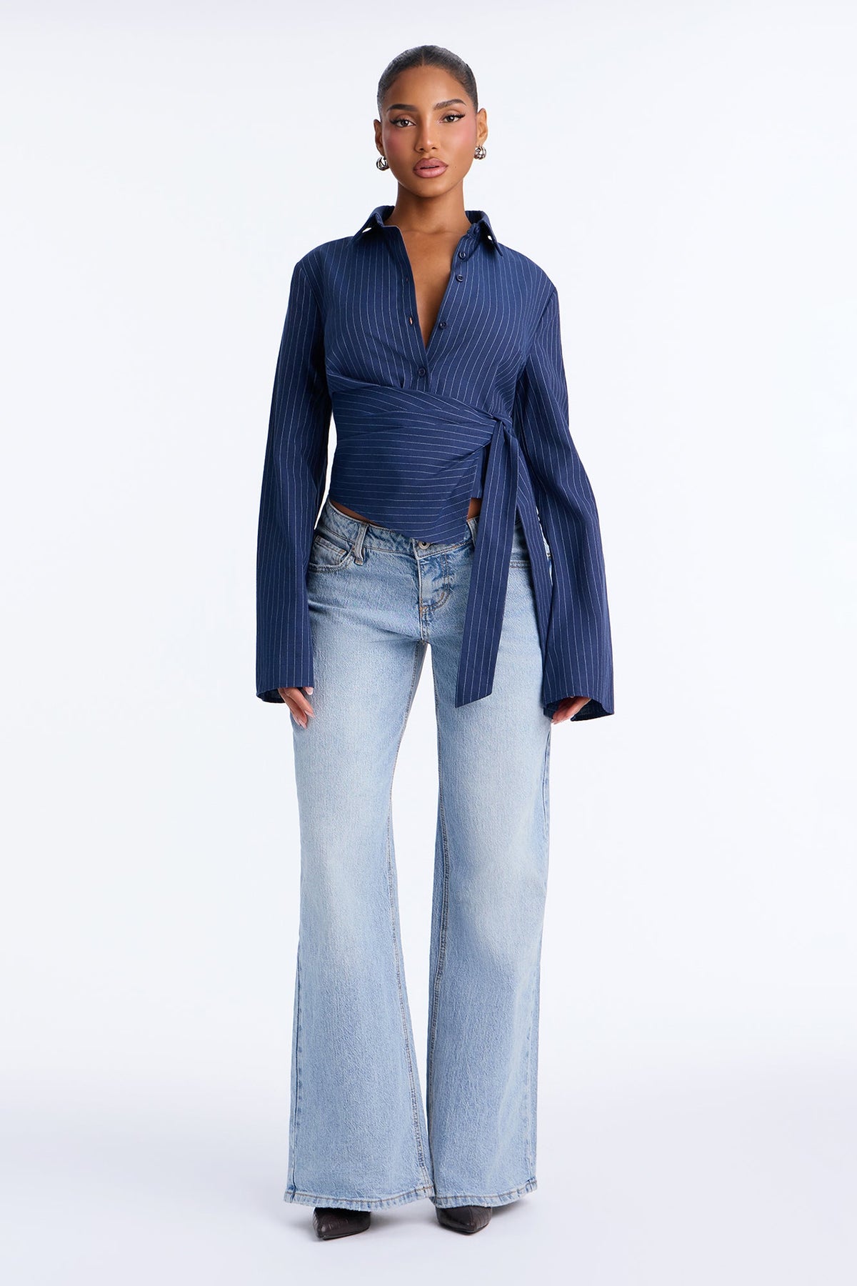 Bianca Tie Waist Pinstripe Shirt - Navy/combo
