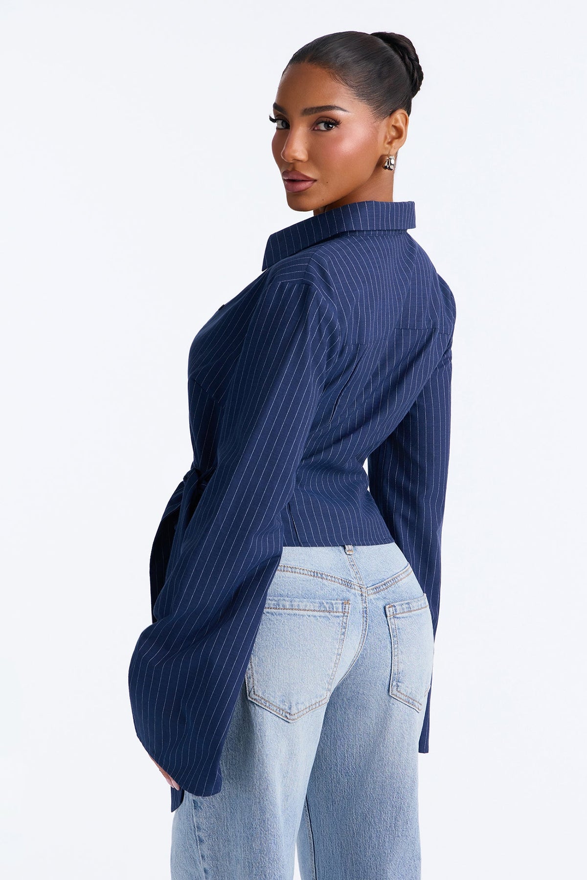 Bianca Tie Waist Pinstripe Shirt - Navy/combo
