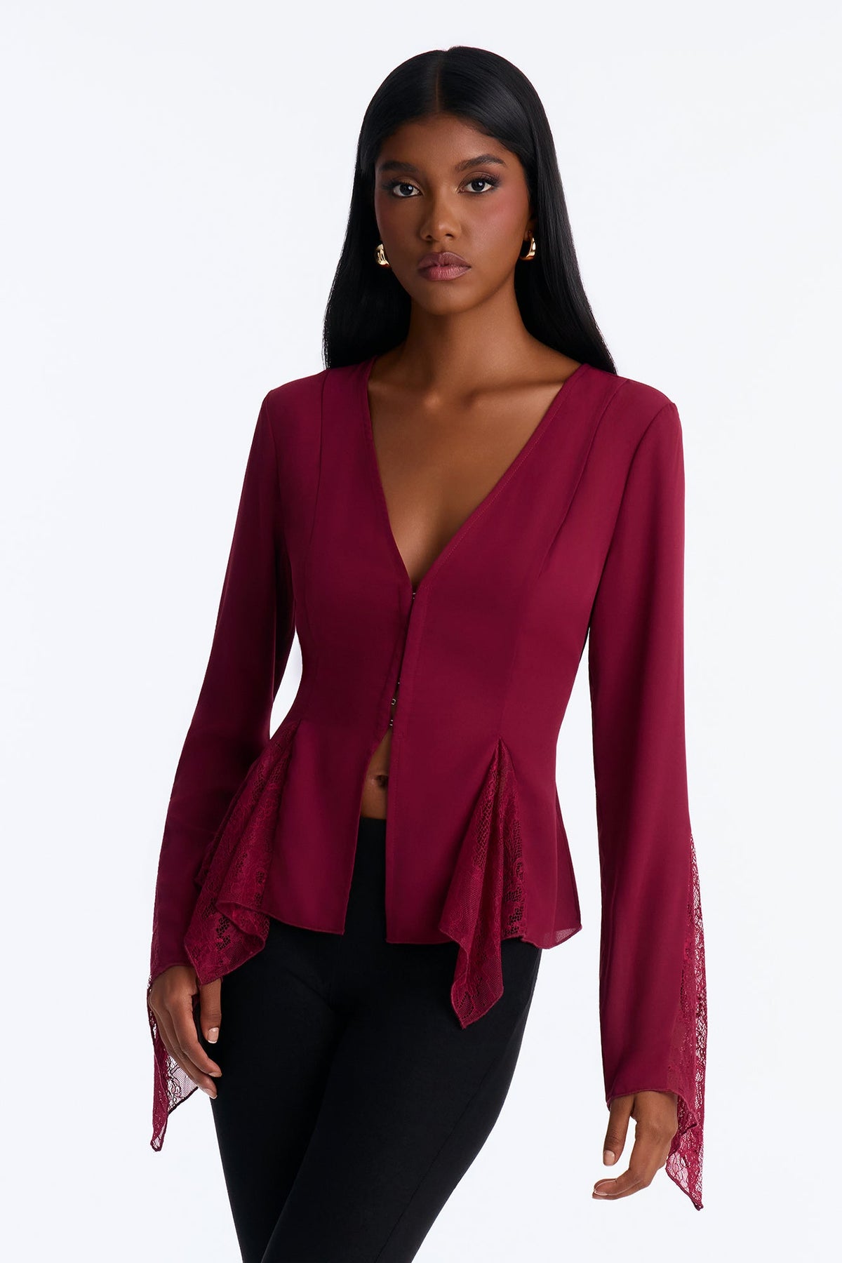 Love Spells Laced Chiffon Blouse - Burgundy