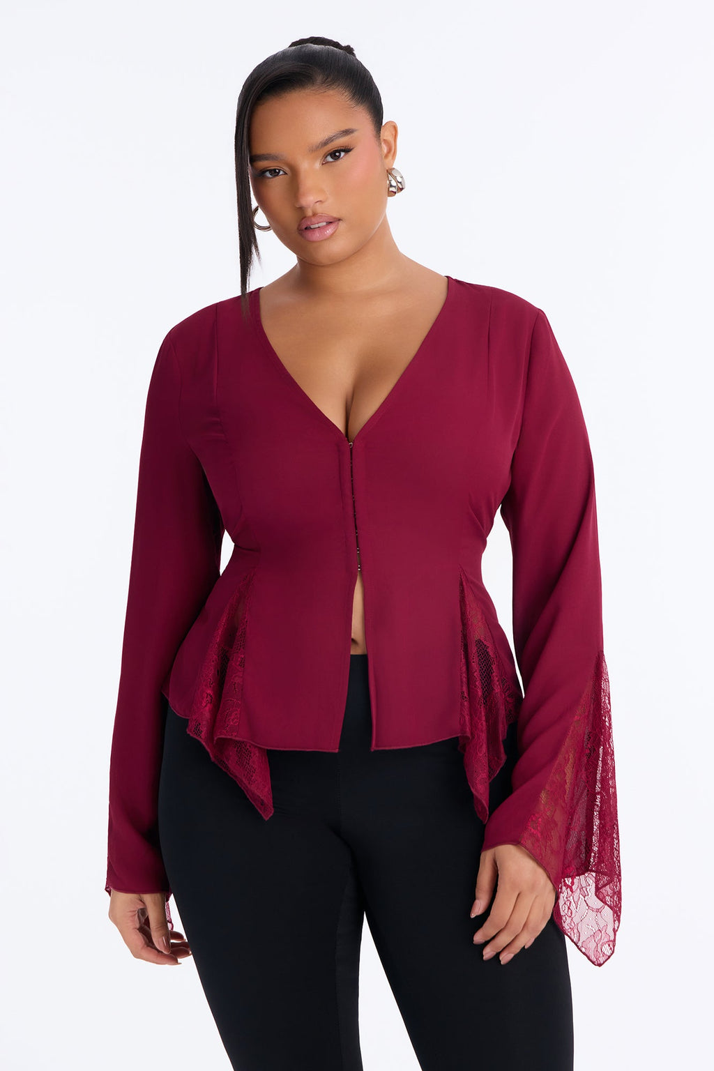 Love Spells Laced Chiffon Blouse - Burgundy