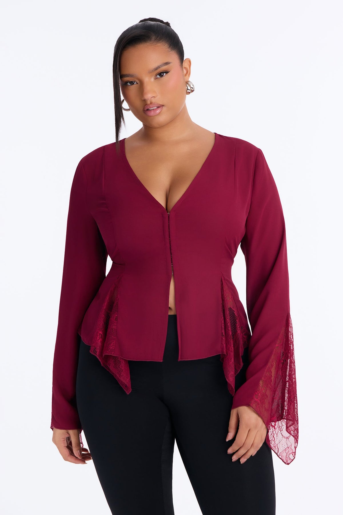 Love Spells Laced Chiffon Blouse - Burgundy