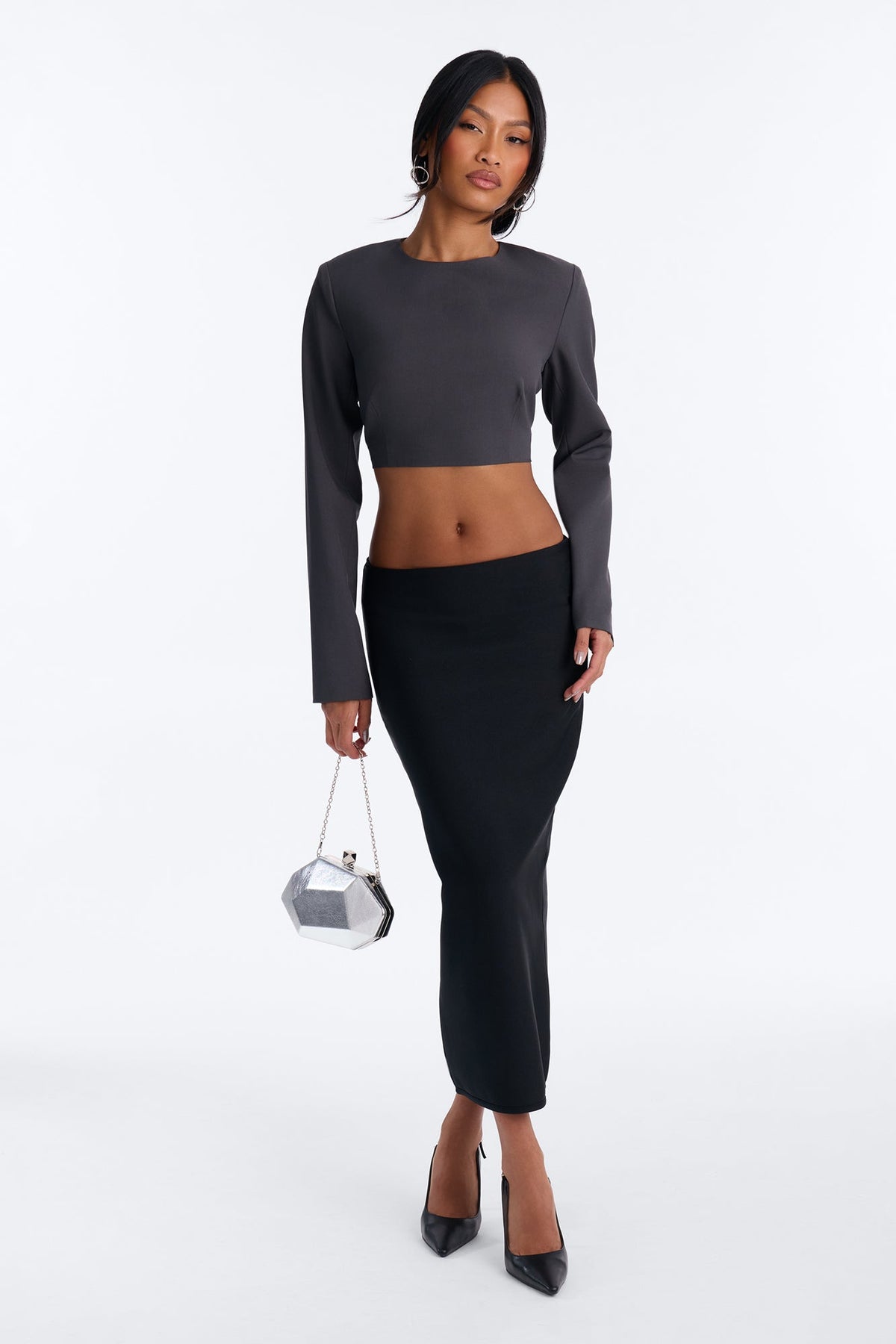 Keep Up Cropped Long Sleeve Blouse - Charcoal