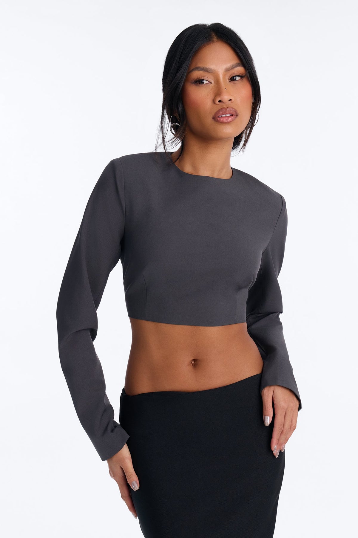 Keep Up Cropped Long Sleeve Blouse - Charcoal