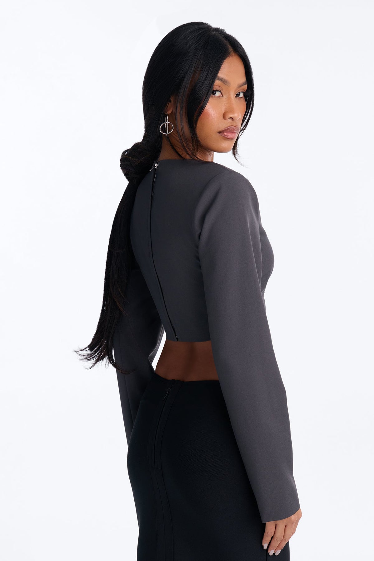 Keep Up Cropped Long Sleeve Blouse - Charcoal