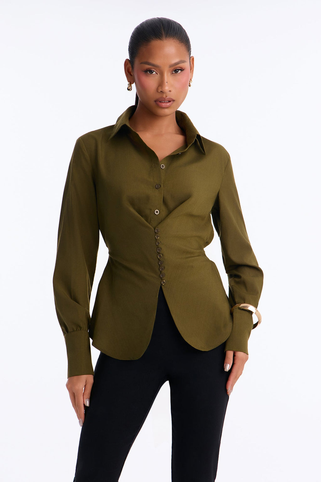 Busy Schedule Tie Back Button Up Shirt - Olive