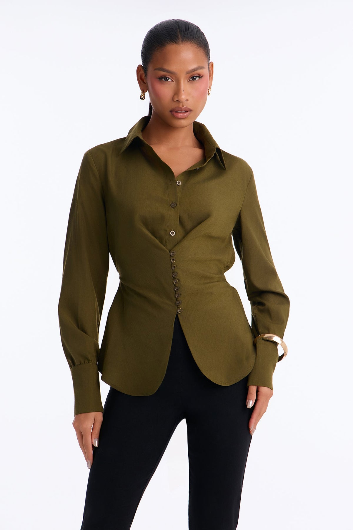 Busy Schedule Tie Back Button Up Shirt - Olive