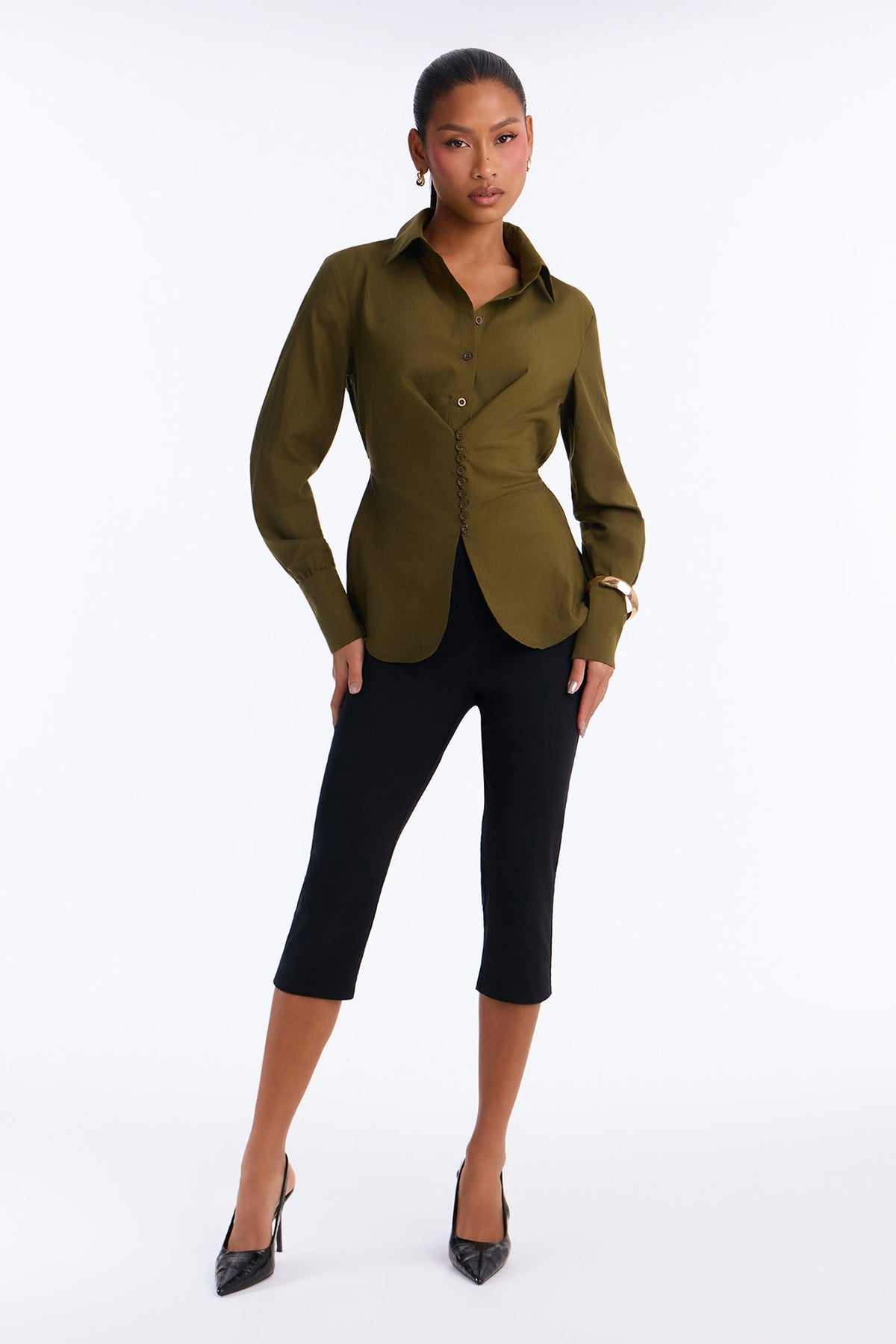 Busy Schedule Tie Back Button Up Shirt - Olive