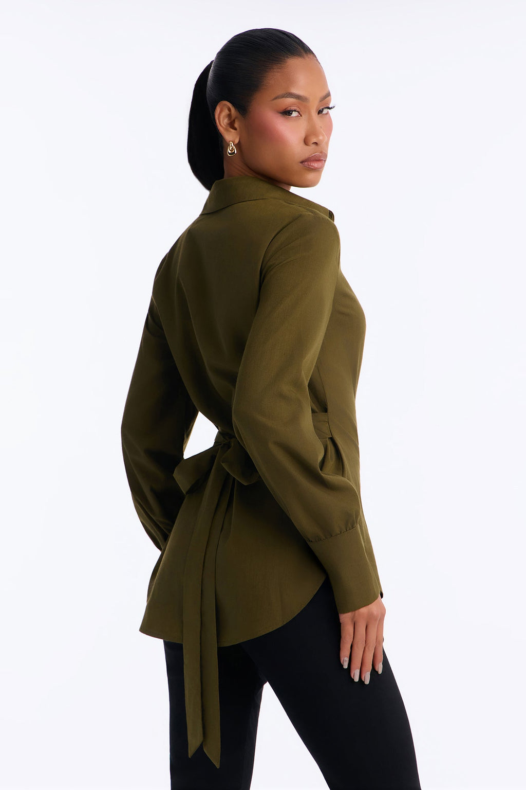 Busy Schedule Tie Back Button Up Shirt - Olive