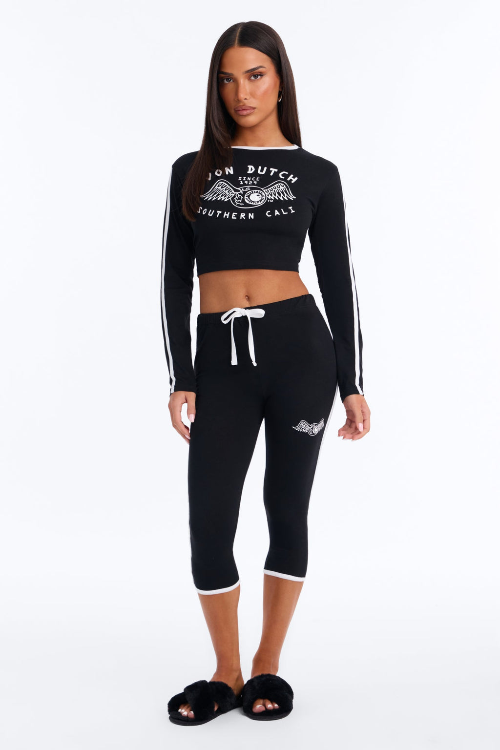 Von Dutch Southern Cali Flying Eye Contrast PJ Capri Pant Set - Black/White