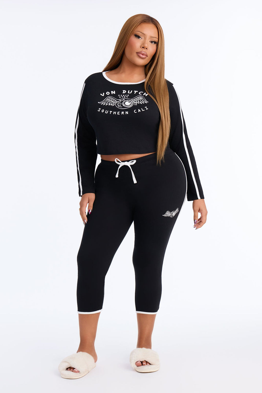 Von Dutch Southern Cali Flying Eye Contrast PJ Capri Pant Set - Black/White