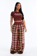 Von Dutch High Neck Foldover Plaid PJ Pant Set - Brown/combo
