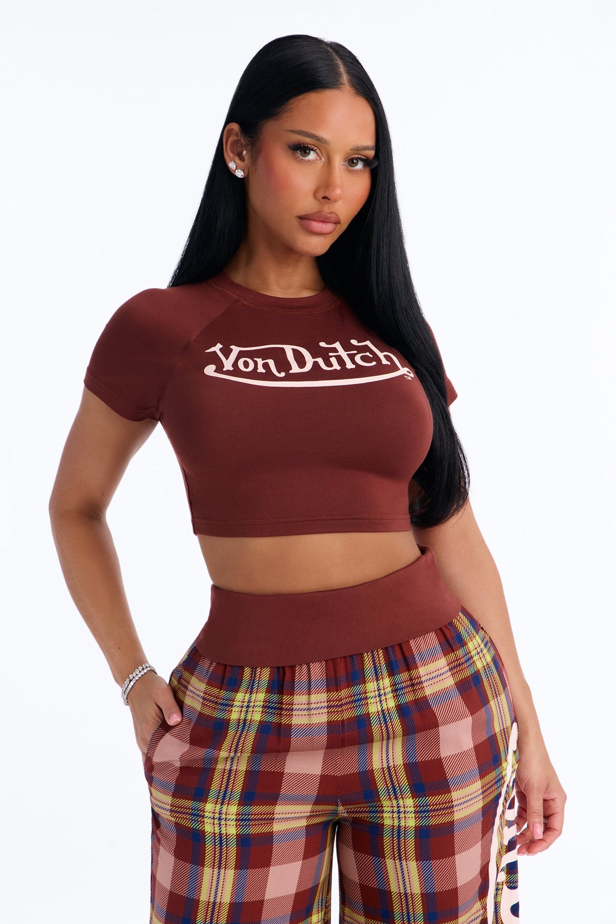 Von Dutch High Neck Foldover Plaid PJ Pant Set - Brown/combo