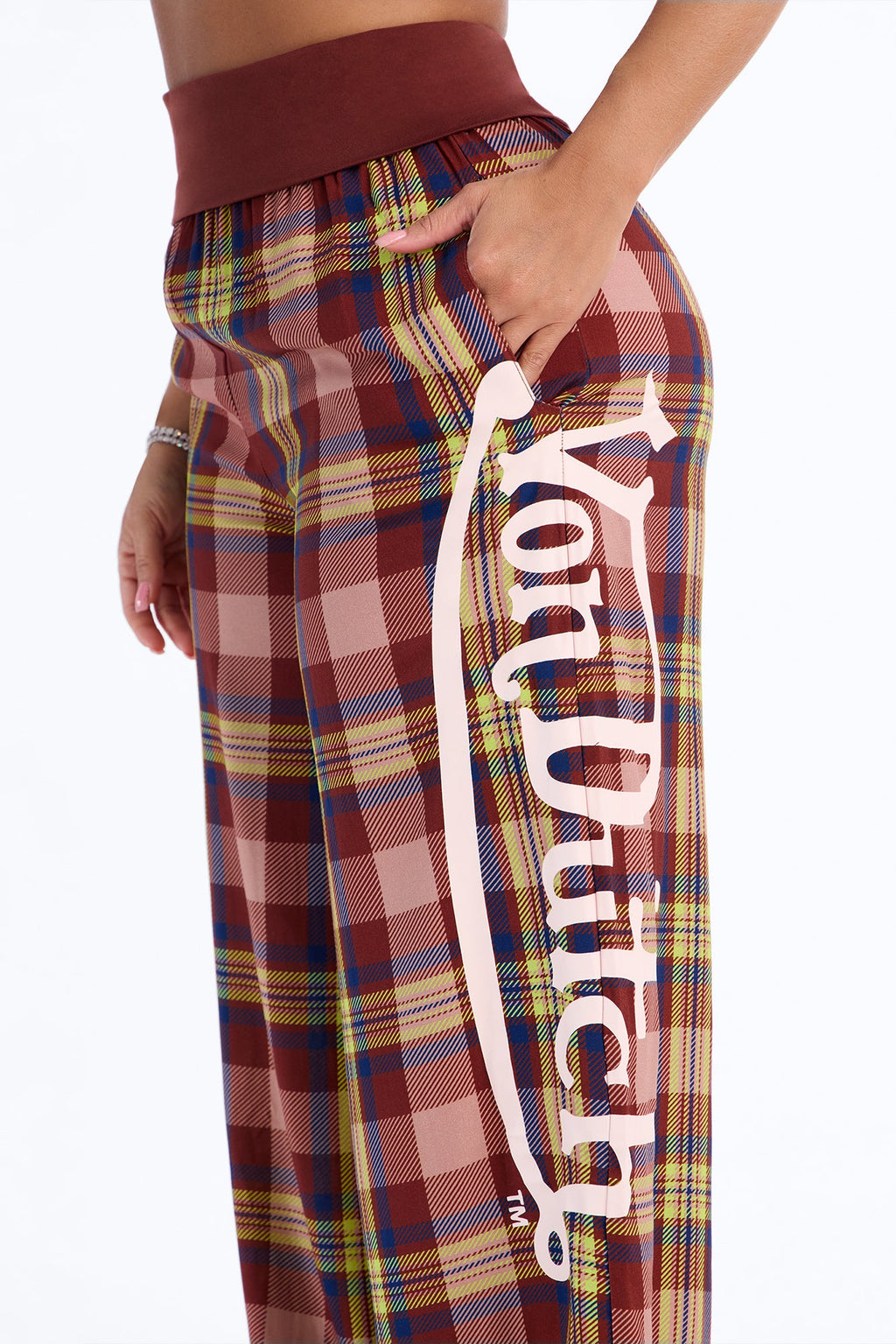 Von Dutch High Neck Foldover Plaid PJ Pant Set - Brown/combo