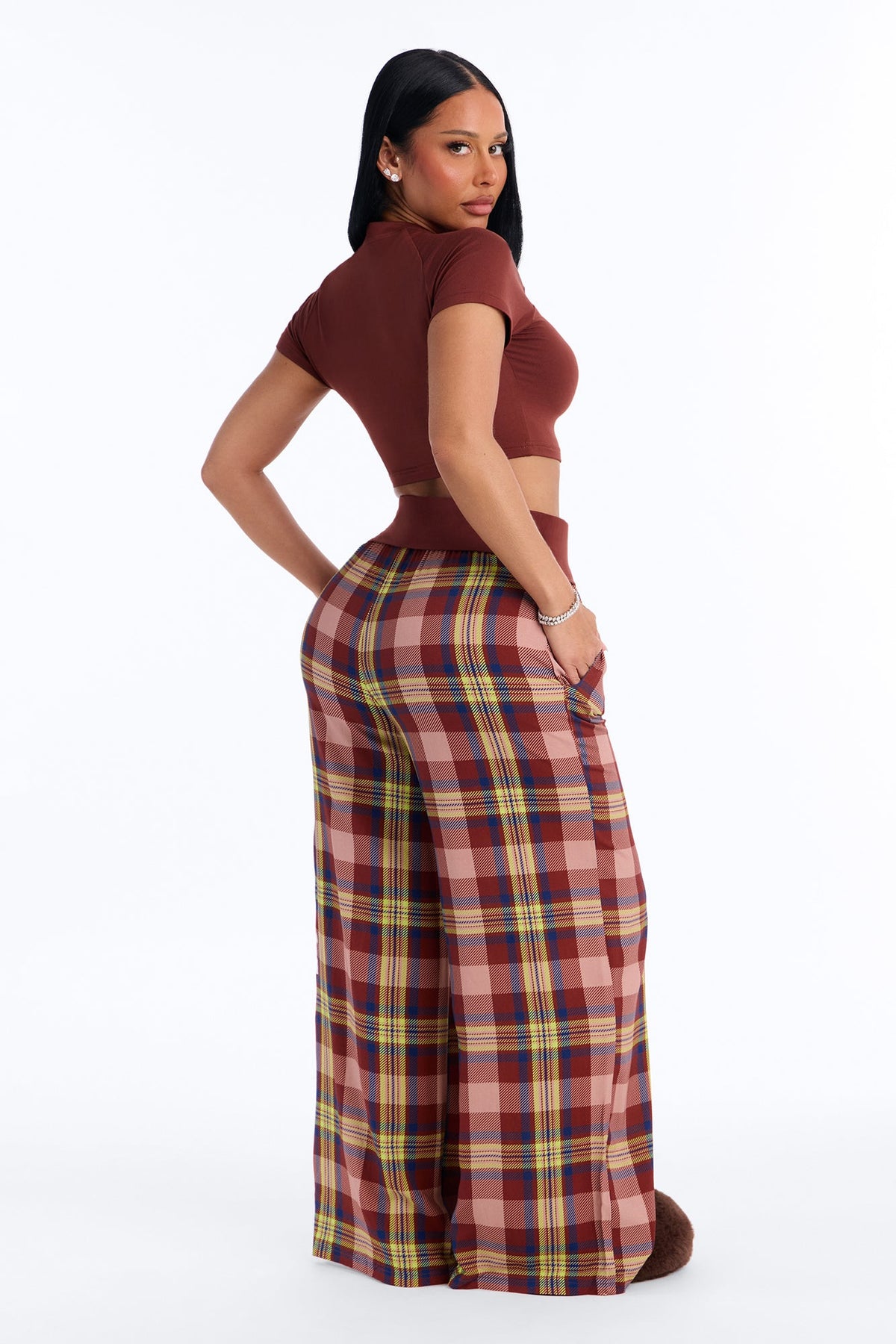 Von Dutch High Neck Foldover Plaid PJ Pant Set - Brown/combo