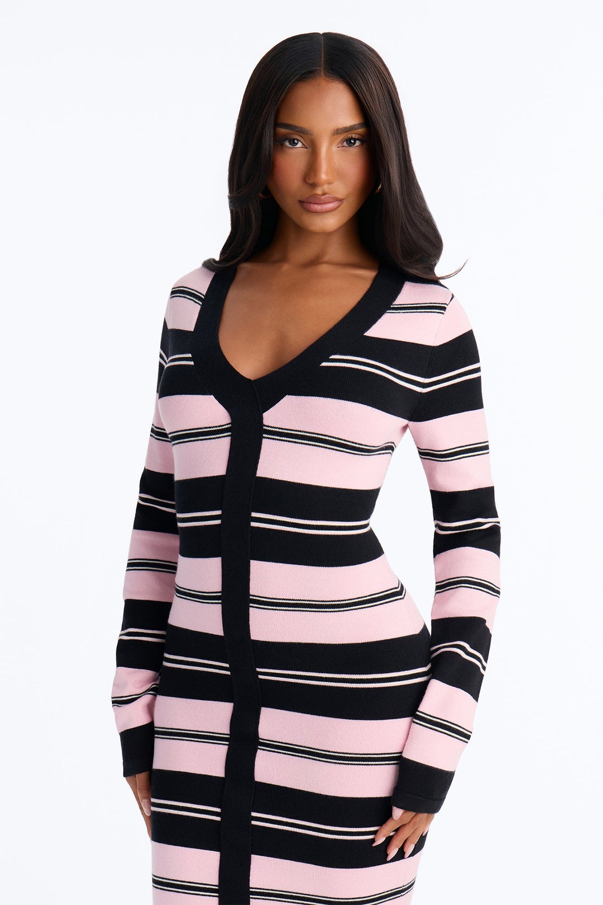 Lara Striped Long Sleeve Sweater Dress - Black/Pink