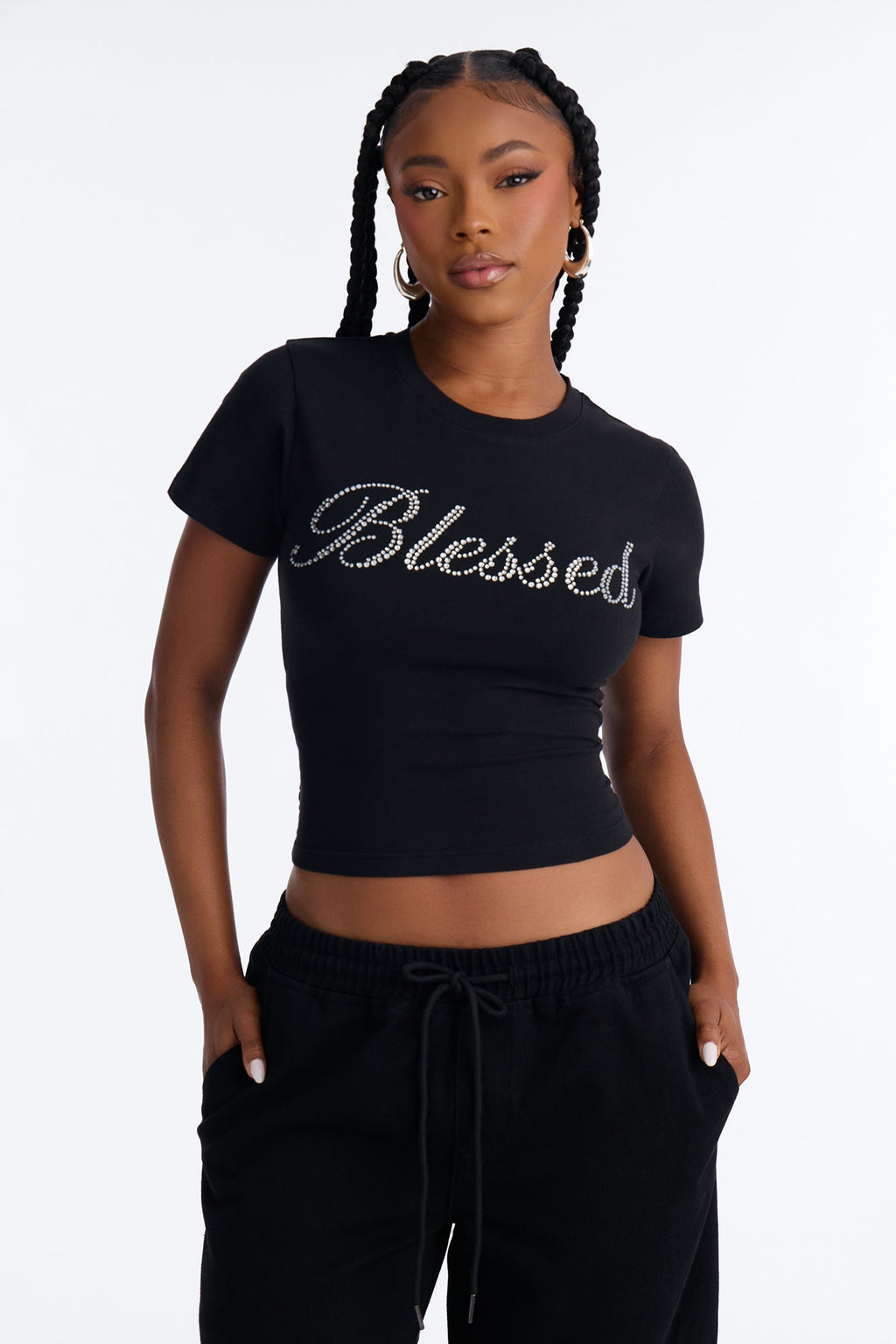 Blessed Rhinestone Script Tee - Black