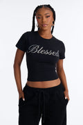 Blessed Rhinestone Script Tee - Black