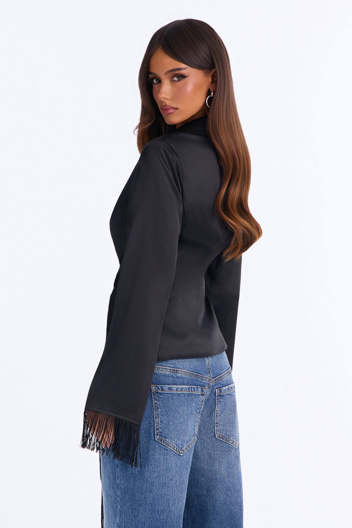 Champagne Pop Fringe Satin Blouse - Black