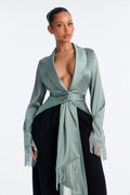 Champagne Pop Fringe Satin Blouse - Sage