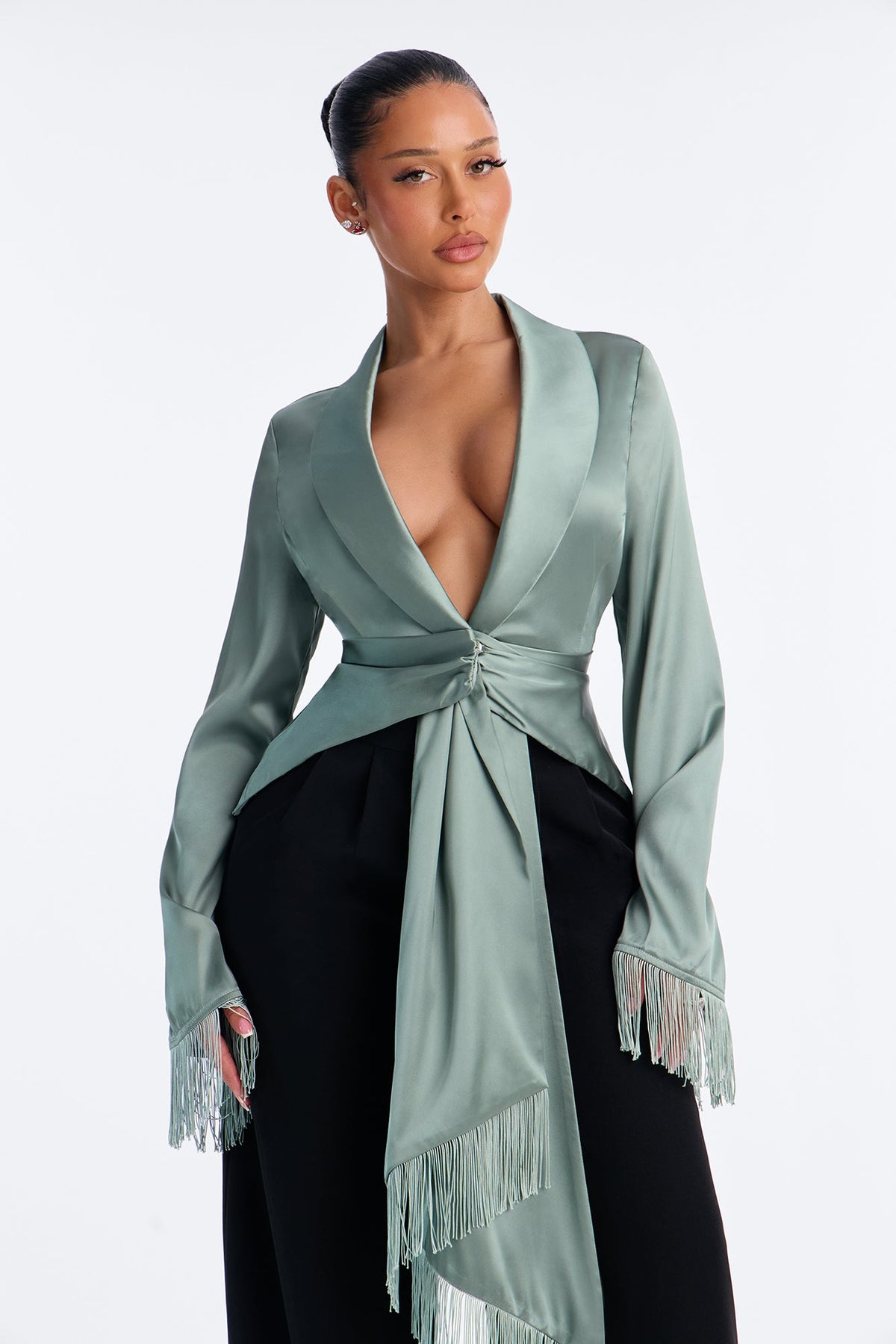 Champagne Pop Fringe Satin Blouse - Sage