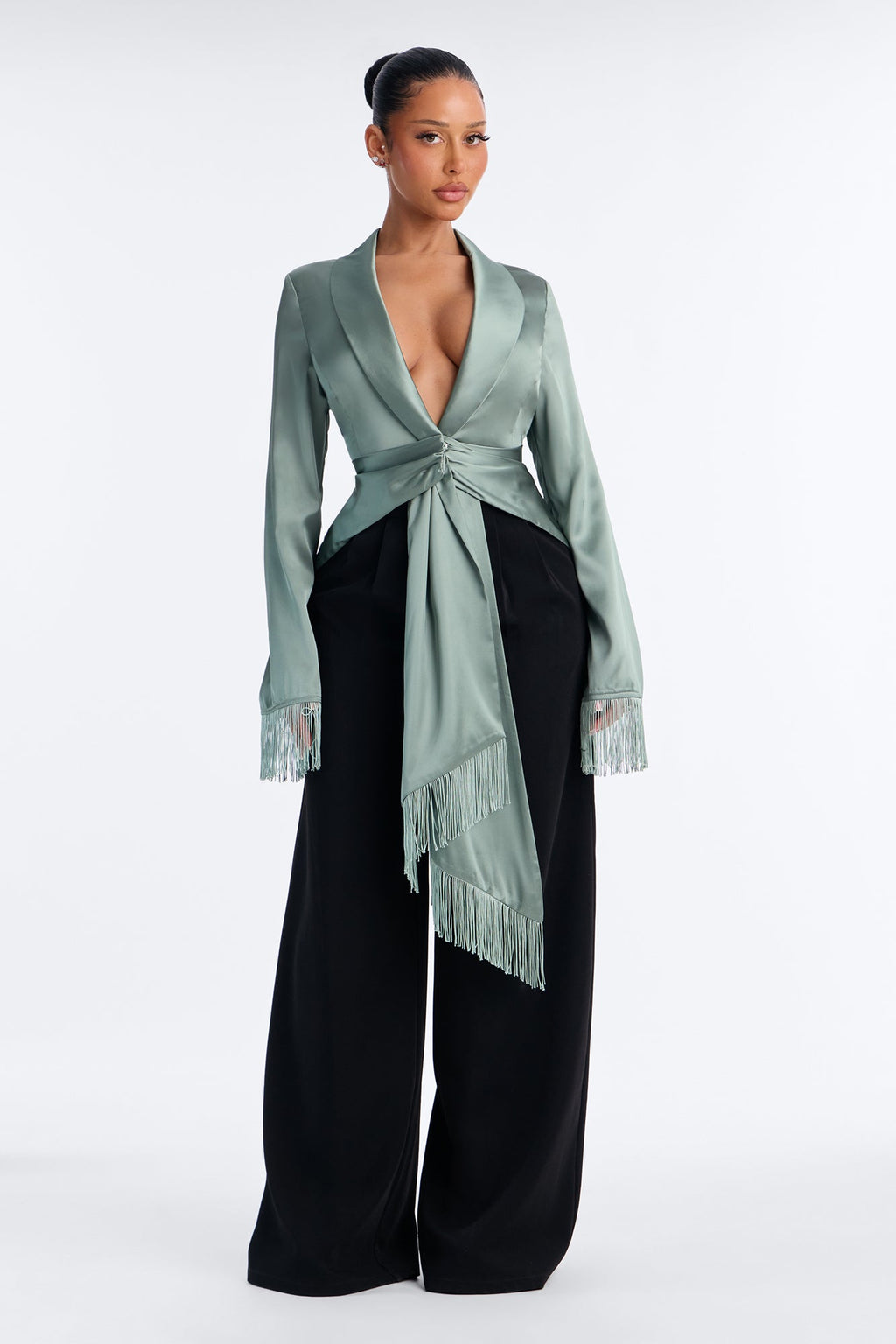 Champagne Pop Fringe Satin Blouse - Sage