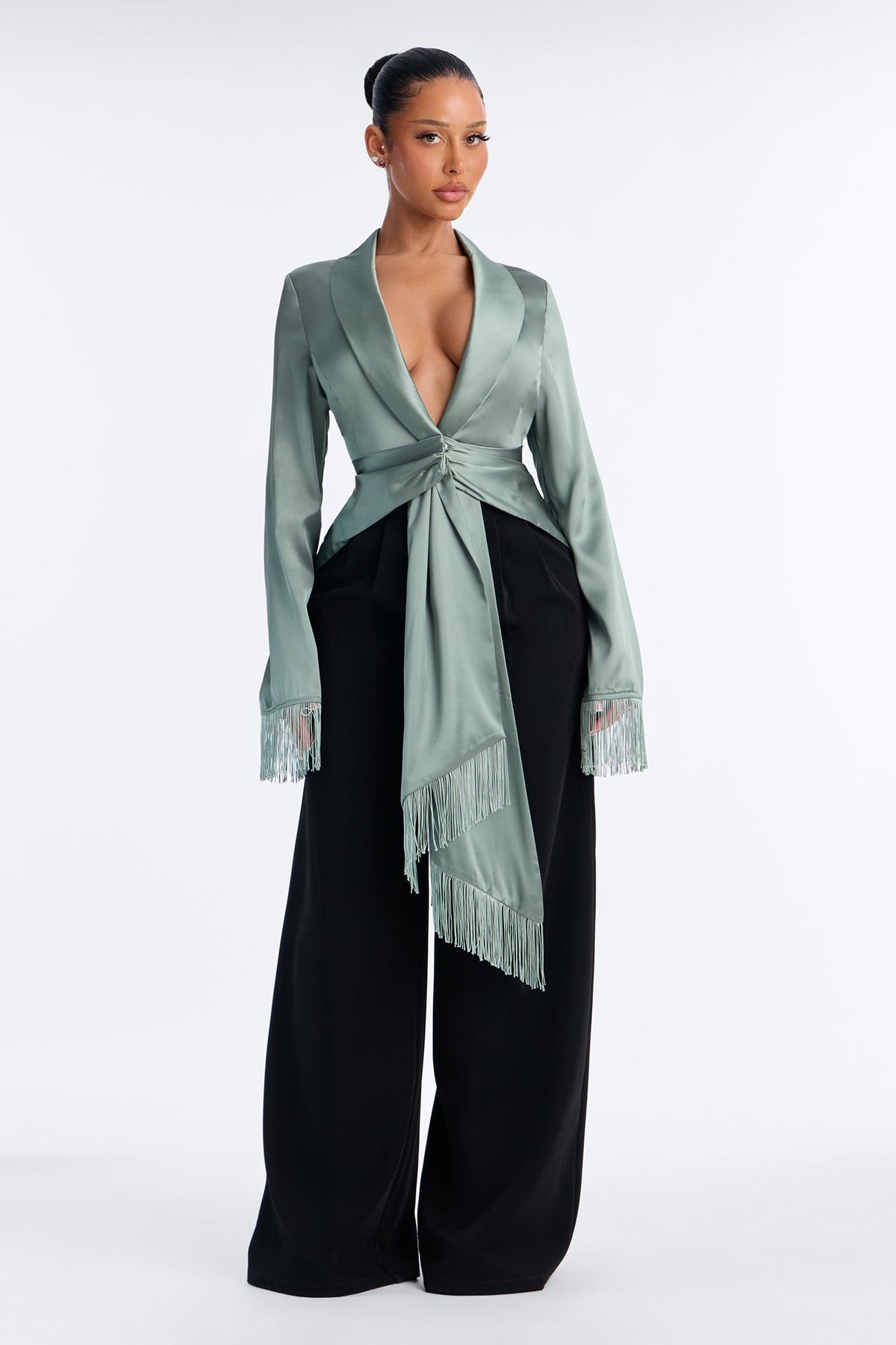 Champagne Pop Fringe Satin Blouse - Sage