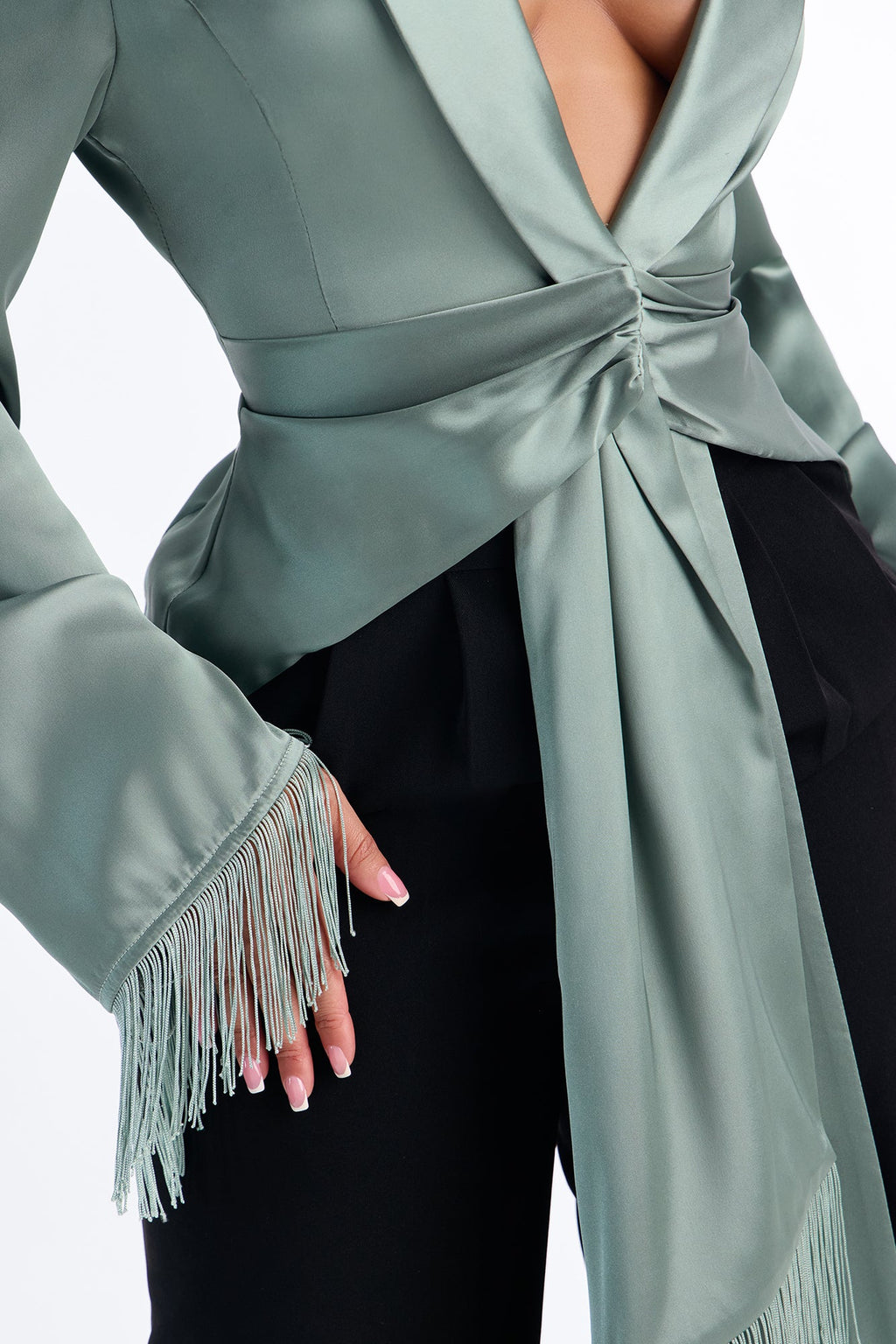 Champagne Pop Fringe Satin Blouse - Sage